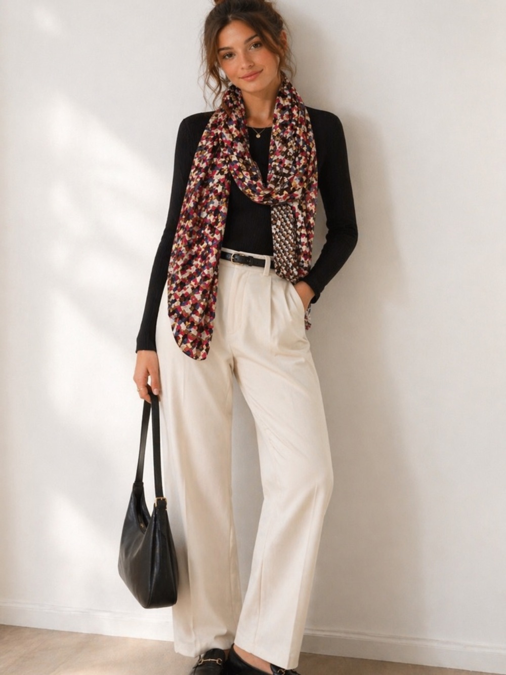 American Vintage Multicolor Geometric Scarf - Burgundy, Pink, Black, Cream